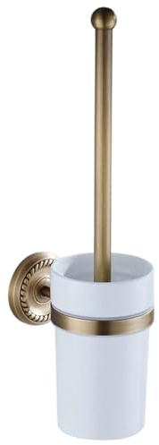 Toilet Brush and Holder Set 14.6in Brass Antique Wall Mounted Toilet Brush with Ceramic Cup Elegant Bathroom Essentials