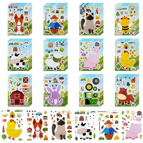 OSDUE 36 Stück Make-a-face Aufkleberbögen, Aufkleberbögen mit Bauernhof | zum Selbermachen von Bauernhof, Mix and Match, für Kinder Party Favor Supplies Craft