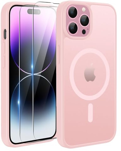 TQIAHF Cover Custodia Magnetica per iPhone 14 Pro Max, Rosa | 2 Pellicola Vetro Temperato Protezione Schermo Compatibile con Magsafe Militare Antiurto Sottile Opaca Telefono Case