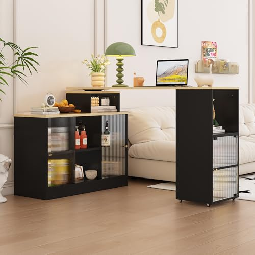 NuvlaGu Ausziehbarer Bartisch mit Stauraum, Drehbarer Stehtisch mit Rollen, 3-in-1 Bar Tisch & Sideboard, Höhen Tisch für Küche & Wohnzimmer, MDF & Glas, Schwarz (Black)