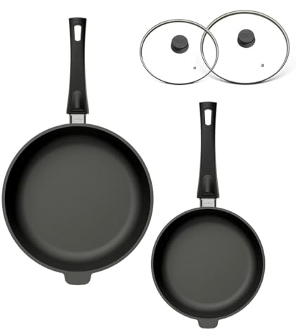 Hoffmann STONIQ Hochrandpfannen Set 24 + 28 cm, Antihaftbeschichtet, PTFE und PFAS-frei, Induktion, Backofenfest bis 300°C, Pfanne made in Germany, Bratpfanne, Schmorpfanne (mit Deckel, 24 + 28 cm)