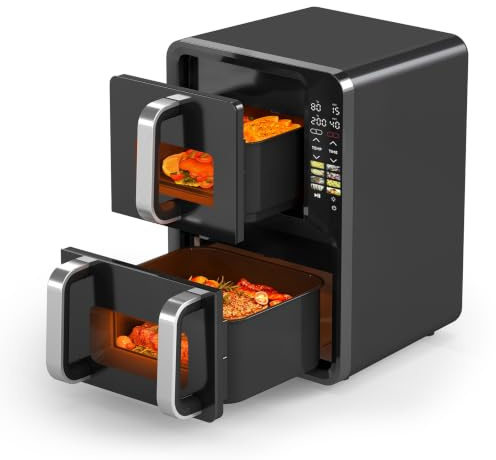 eklipt 12L Dual Air Fryer, Double Stack Air Fryer with Viewing Window | LED Touch Controls, 8 Presets, Dual Drawer Basket, 2800W Power, Dishwasher-Safe Parts, Small Kitchen Oven Countertop -Black