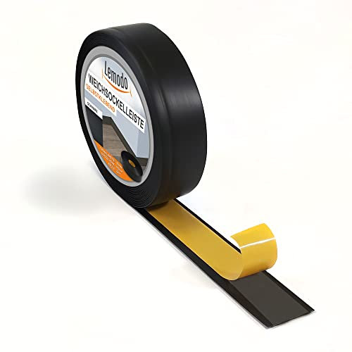 Sockelleiste LEMODO - 50 x 15 mm (Länge: 25 m, Farbe: schwarz) - Fußleisten zuschneidbar – Weichsockelleiste selbstklebend aus PVC – Abschlussleiste Küchenarbeitsplatte, Bad, Arbeitsplatte etc.