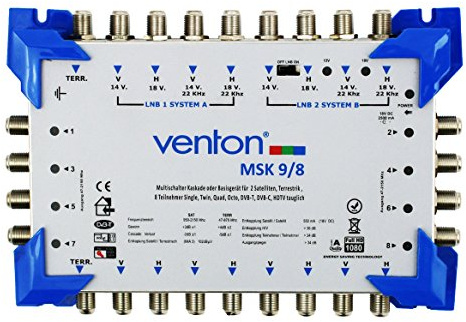 Venton Sat Multischalter 9/8 MSK I Multiswitch Kaskade für 8 Teilnehmer I Sat-Verteiler 9 Eingänge 8 Ausgänge - UHD Full HD-TV 4K 3D I Empfang digitaler & terrestrischer Signale I inkl Netzteil