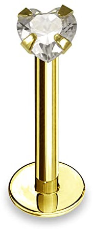 Monster Piercing | 14K Gold Echtgold | Lippenpiercing Tragus Piercing 16 Gauge | Kristallstein in Herz Form | Stablänge: 8MM oder 10MM | Lippe Labret Ohr Piercing
