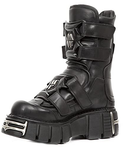 New Rock Stivali M-422-S1 Stivali Gotici con Plateau in Pelle Nera Metallizzata Unisex 36