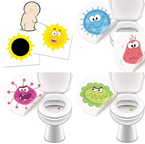 1 x WC Aufkleber SONNE + 4 x Monster Toilettensticker damit junge Männer besser in die Toilette zielen - verfärbende Sticker, lustig und hilfreich