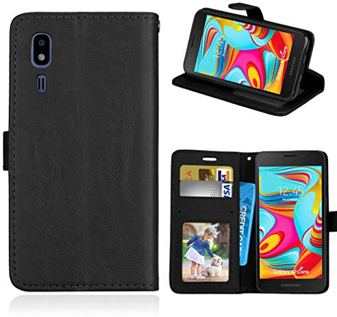 LMFULM® Hülle für Samsung Galaxy A2 Core/SM-A260F (5,0 Zoll) PU Leder Magnet Brieftasche Lederhülle Handyhülle Stent Ledertasche Flip Cover für Galaxy A2 Core Einfaches Schwarz
