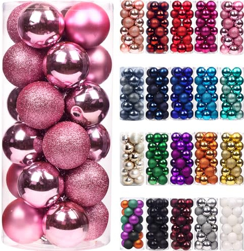 Emopeak 24 Count Pink Mini Christmas Balls Ornaments 1.57 Inch | Small, Shatterproof, For Christmas Tree, Matte Glitter Shiny Finishes, Holiday Wedding Party Decoration