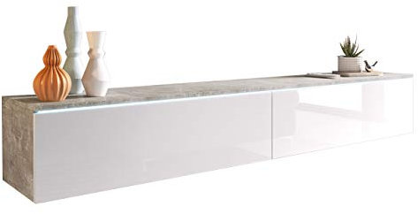 Mirjan24 TV Lowboard Stone, TV Schrank, Fernsehschrank, Grifflose Öffnen, Hängeschrank Hochglanz Matt Wohnwand (Beton/Weiß Hochglanz, Modell: 180 / ohne LED Beleuchtung)
