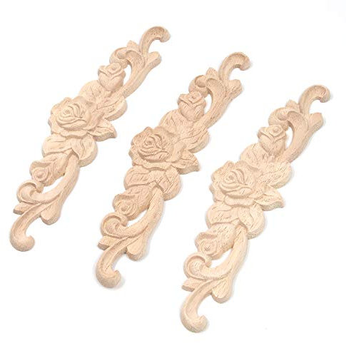 T Tulead Holzschnitzerei-Aufkleber, Rosenholz, Applikationen, Möbel, Schrank, Dekoration, Onlay-Applikation, 20 x 5,1 cm, 3 Stück