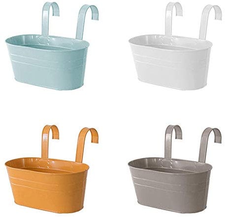 NIUXICH 4 vasi di ferro in metallo con doppio gancio staccabile, supporto per fioriere da appendere alla parete, per ringhiera recinzione balcone, giardino decorazione per la casa