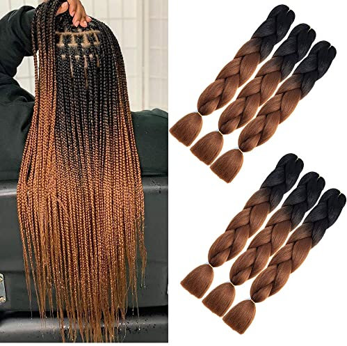 kunsthaar zum einflechten brown Kanekalon Kunsthaar Hair Jumbo Braids Extensions Ombre Braiding Hair Haarverlängerung 6packs Box Braids Crochet hair(schwarz- Dark Brown)