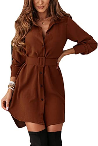 Tomwell Damen Einreiher Blusenkleid Revers Kleider Tunika Kleid Hemdkleid Mit Knöpfen Winterkleid Knielang Kleid Langarm V-Ausschnitt Minikleid Mit Gürtel Freizeit Strickkleider Khaki XL
