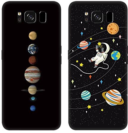 Tveinan Hülle für Samsung Galaxy S8 Handyhülle, 2 Pack Weiche Silikon Schwarz Schutzhülle für Samsung S8, Slim TPU Bumper Stoßfest Case, Süß Muster Motiv Silikonhülle Cover - Planet