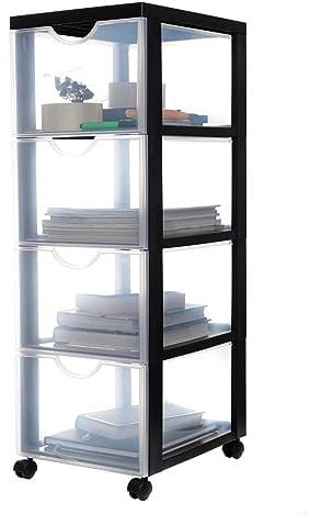 Iris Ohyama Kunststoff-Schubladenbox mit Rollen, 4 tiefen Schubladen, Schwarz, Griffe zum Ziehen, Für Schlafzimmer, Bad, Schule & Büro, BPA-frei, Schubladenschrank, Rollcontainer, A4 Drawer, DDDC-304