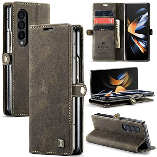 EYZUTAK Wallet Case for Samsung Galaxy Z Fold 4, Retro Matte Premium Protective Leather Case 3 Card & 1 Cash Slot with RFID Blocking View Stand Magnetic Closure TPU Shell Flip Cover - Coffee