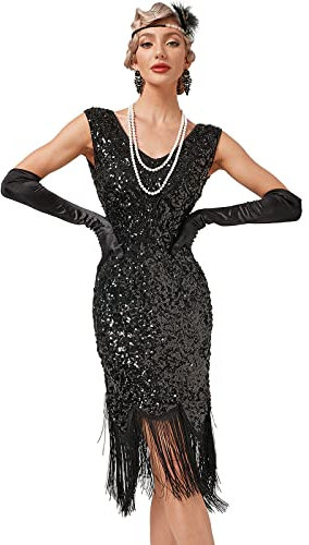 BOFUNX Damen Pailletten 1920s Kleid V Ausschnitt Knielang Charleston Flapper Gatsby Abschlussball Abendkleid Cocktail Party Fasching Kostüm L