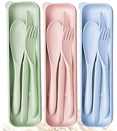 Travel Cutlery Set with Case, 3 Pack Plastic Cutlery Set Reusable Plastic Forks Spoon Tableware, Portable Camping Cutlery Set for Adult Travel Picnic Camping or Daily Use (Blue&Green&Pink)