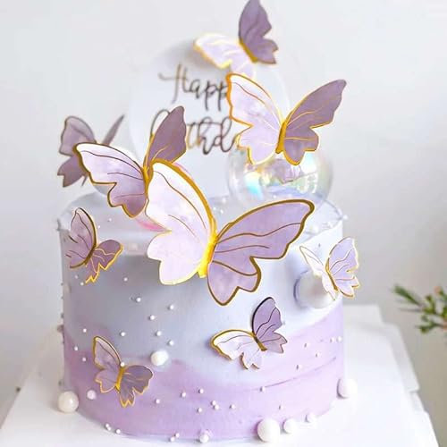 DERAYEE 21pcs Papillon Décoration Gâteau,Happy Birthday Cake Topper,Décoration Gâteaux Fête,Papillon Cake Topper pour Décorer Fêtes Anniversaire Fille(Violet)