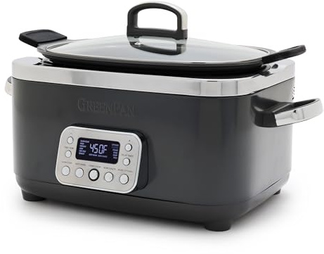 GreenPan Elite 8-in-1 programmierbarer 6QT elektrischer Schongarer, spülmaschinenfester Deckel und abnehmbarer Topf, PFAS-frei, gesunde Keramik-Antihaft-Multi-Kocher, Anbraten, Schmoren/Braun,