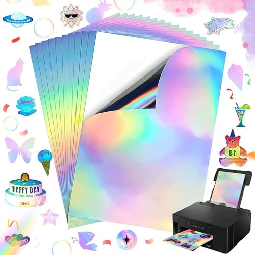20 Stück Blätter Holographische Aufkleber Papier Bedruckbar, A4 Holografischer Selbstklebend Nicht Transparent, Vinyl Aufkleberfolie für Tintenstrahldrucker, Personalisierte Karten