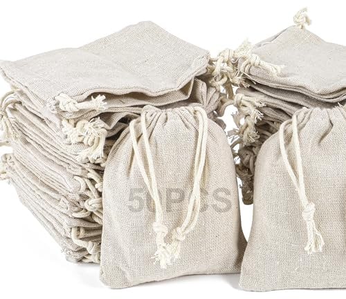 RUBY 50 Bolsas de Algodón y Lino con Cordón - 10 x 15cm Bolsitas de Tela, Saco Arpillera, Bolsas de Regalo para Bricolaje, Reuniones, Bodas, Navidad