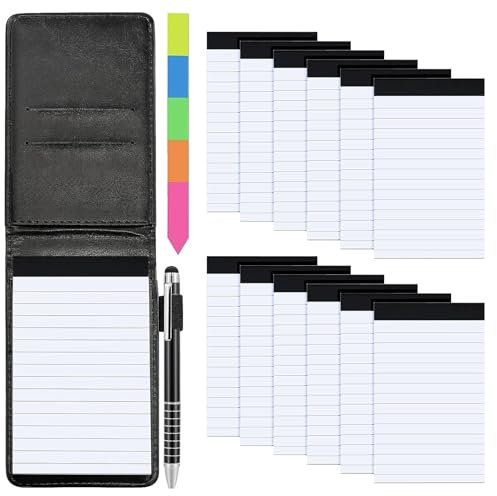 Meetory 15-teiliges kleines Mini-Notizblock-Set, inklusive A7 PU-Leder-Notizbuch, Stifthalter mit 50 linierten Blättern, 12 Notizblock-Nachfüllpackungen mit 30 linierten Papieren, Metallstift und
