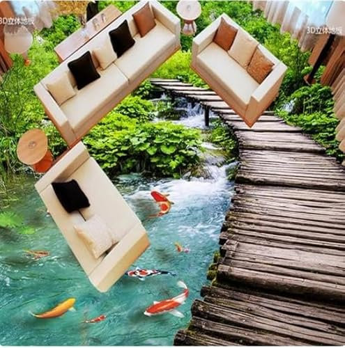 Custom 3d Flooring Waterproof Stickers 3D Floor Tile Stickers Nine Fish And Wooden Bridge Customize Any Size Flooring,400cmX280cm