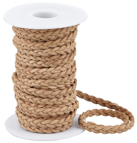 SUNNYCLUE 10M Cordón de Cuero Trenzado Artesanal Rollo de Hilo de Cuero Sintético Trenzado Plano Cuerda de Tejido de Cuero Sintético Marrón con Carrete Cordón de Cuero para Fabricación de Joyas Pulser