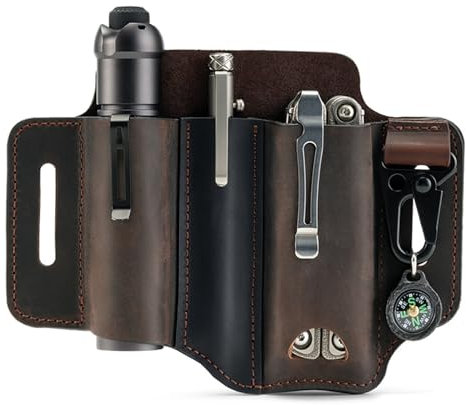 Lederscheide für EDC Organizer Leder Crazy Horse Gürtelschlaufe Multitool-Halter mit Schlüsselhalter Stifthalter Taschenlampenhalter Herren EDC Taschen (Braun)