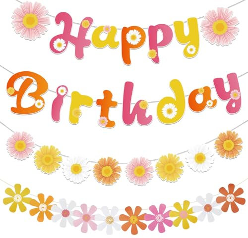 ZOCONE 4 Stück Gänseblümchen Happy Birthday Girlande Süß Happy Birthday Deko Girlande mit Seil Happy Birthday Banner Blumen Girlande Geburtstag Deko Mädchen Kinder Geburtstagsgirlande für Party