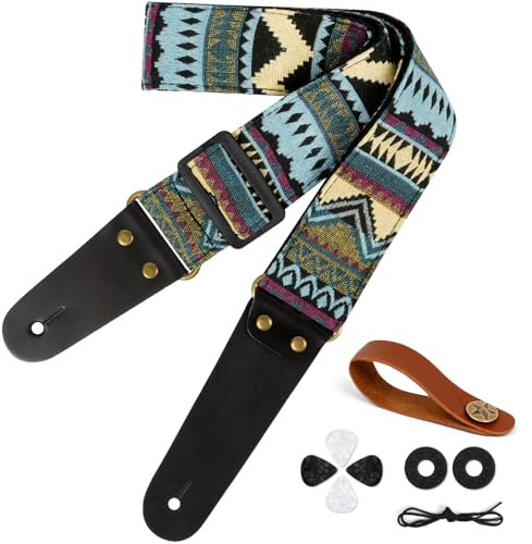 Aucuu Gitarrengurt, 2 Vintage bestickte Baumwolle Gitarrengurt, Verstellbarer Gitarrenband, Echtleder Enden für Bass Elektro Akustik, mit Gurtknopf 2 Gurtschlössern 4 Gitarrenplektren