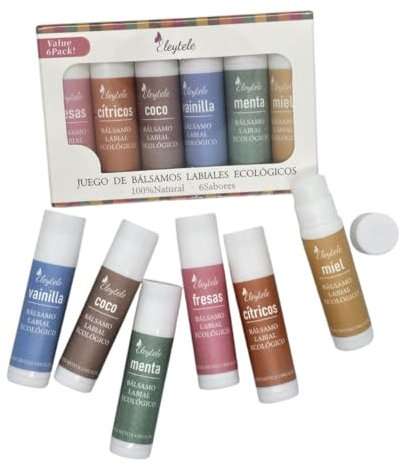 Juego de 6 bálsamos labiales orgánicos, 100% naturales, paquette de regaló, 6 sabores, coco, vanilla, miel, menta, fresas,cítricos