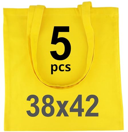 IDEA HOME-5 Stück Baumwolltasche 38x42cm- 220g - Jutebeutel Groß - Stoffbeutel Unbedruckt, Personalisierung Möglich – Bestickung oder Bemalung - Stofftasche mit zwei langen Henkeln