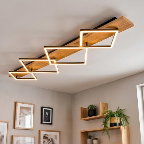 HOFSTEIN LED Deckenleuchte Pompu, Deckenlampe aus Metall/Holz/Kunststoff in Natur/Schwarz/Weiß, 56 Watt, 7600 Lumen, 3000 Kelvin, moderne Leuchte für Schlafzimmer, Esszimmer, Wohnzimmer, Küche, Flur