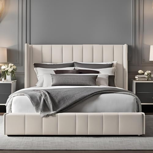 Furnishion Wingback Panel Ottoman Bed - Cream Velvet Double Bed with Storage - Panel 4ft6 Bed - Mattress Not Included & 48inch High Headboard