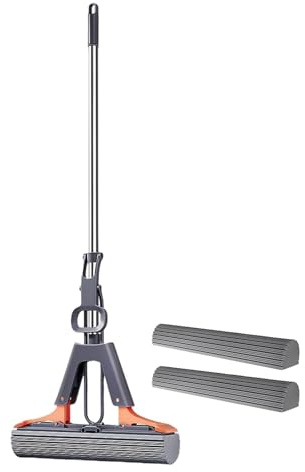 Trapeador Exprimible, Trapeador De Esponja con Rodillo,Fregona Rodillo para Piso con Mango Ajustable En Esponja PVA | 2 Recambios De Cabezal De Esponja Incluidos, Fregona Enrollable Absorbente