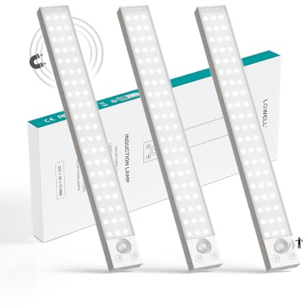 LQWELL® Schrankleuchte mit 54 ​​LEDs und Bewegungsmelder, 32 cm, 1800 mAh, Wiederaufladbar, Dimmbar, Schrankleuchte für Küche, Kleiderschrank, Bücherregal, Schlafzimmer (Weiß, 3 Stück)