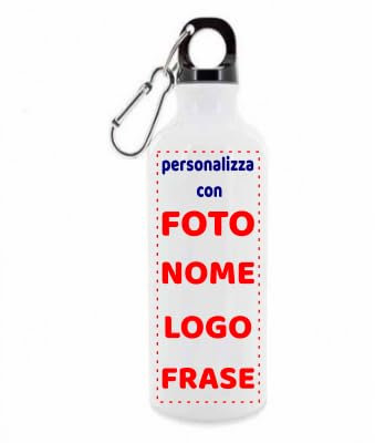 Borraccia in Alluminio Personalizzabile 400 ml con Moschettone e Chiusura Ermetica. personalizzata con nome bambino, con foto,con grafica,con logo,personalizzata con frase
