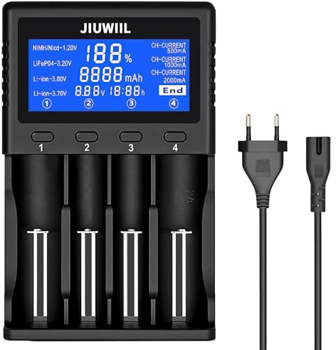 JIUWIIL Caricabatterie 18650, Caricabatterie 4 slot con Display LCD