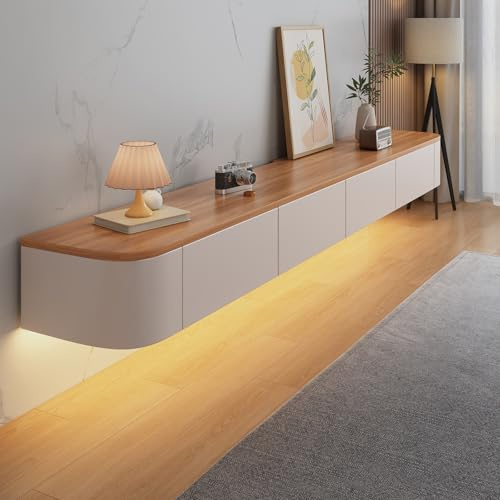 Floating TV Unit with LED Lights, Wall-Mounted TV Cabinet, Media Wall Unit with Storage, Entertainment Unit for Living Room, Modern Floating TV Stand with Drawers and Shelves (Wood White+LED, 160CM)