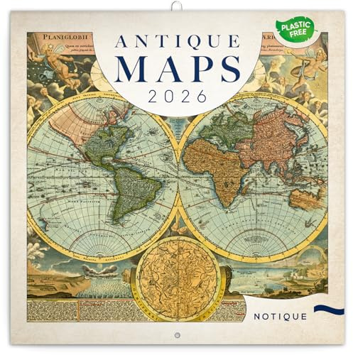 NOTIQUE Wandkalender 2026 Alte Karten Kalender, Plastikfrei Broschürenkalender mit Monatskalendarium, Broschurkalender Kalender 30 x 30 cm (30x60 Geöffnet)