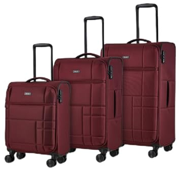 Rock Tokyo Set of 3 Soft Shell Suitcases in Wine Red - Lightweight & Streamlined Design, 360 Swivel-Wheels & TSA Combination Lock - Small, Medium & Large