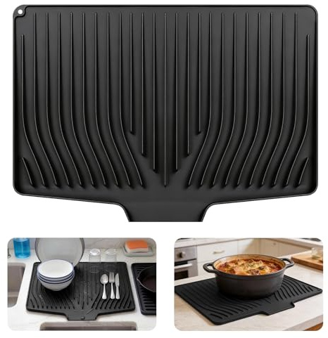 Escurreplatos, 48x34,5 cm, Alfombrilla escurreplatos para fregadero con desagüe, Tapete escurridor antideslizante de silicona con textura acanalada para encimeras de cocina (Negro)