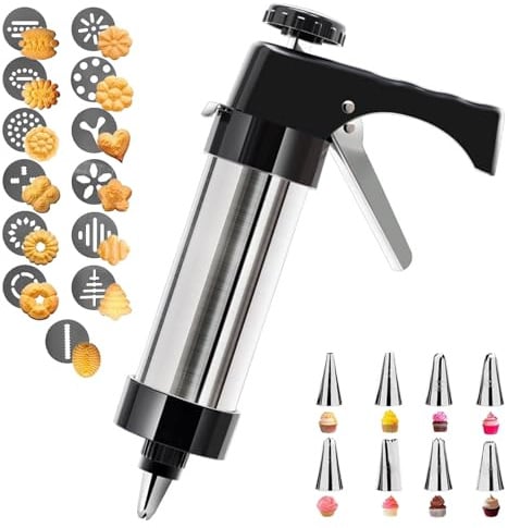 KINDLUME Gebäckpresse, Edelstahl Spritzgebäck Maschine, Gadgets zum Keksbacken mit 13 Schablonen, Garnierspritze Edelstahl mit 8 Tüllen, für Churros, Kekse, kreative Tortenverzierung