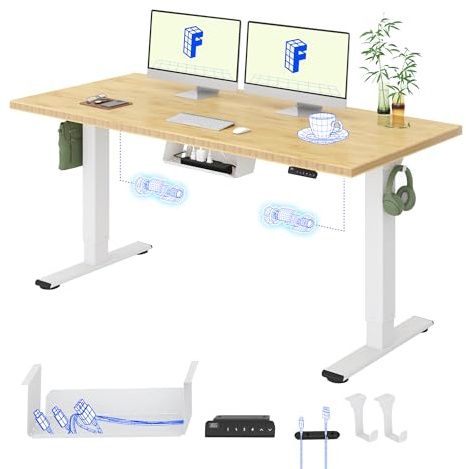 FLEXISPOT Höhenverstellbarer Schreibtisch mit 2 Motoren und einteiliger Tischplatte – Ergonomischer Bürotisch, 160 x 80 cm, Bambus-Tischplatte (19 mm), weißes Gestell