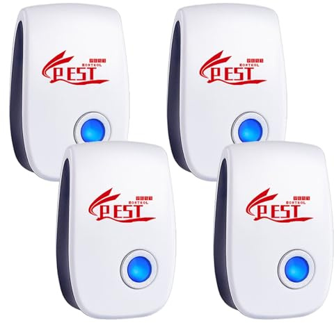 Repelente Ultrasónico de Plagas, 4 Pack Electrónico Repelente Mosquitos Control de Plagas, Repelente Ultrasónico Mosquitos para Interiores, Moscas, Ratones, Cucarachas, Arañas, Roedores