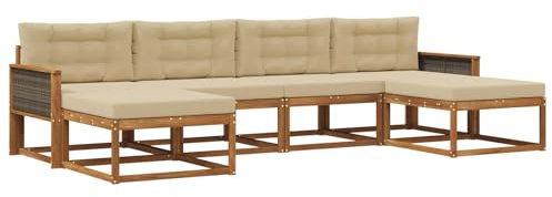 vidaXL Outdoor-Sofagarnitur mit Kissen 6 pcs Natur und Beige, Moderne Akazien-Gartenmöbel, wetterfester Sofa-Set, stylische Sitzgelegenheit für Terrasse und Pool