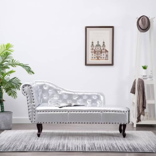 faucqel Chaiselongue Silber Kunstleder mit Massivholz-Beinen 168x58x77 cm, Relaxliege und Recamiere für Wohnzimmer, Schlafsessel und Sofabett, komfortable Liegesessel mit pflegeleichtem PVC-Bezug